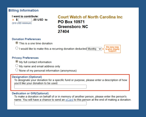 Image of the donation form with the Designation box highlighted